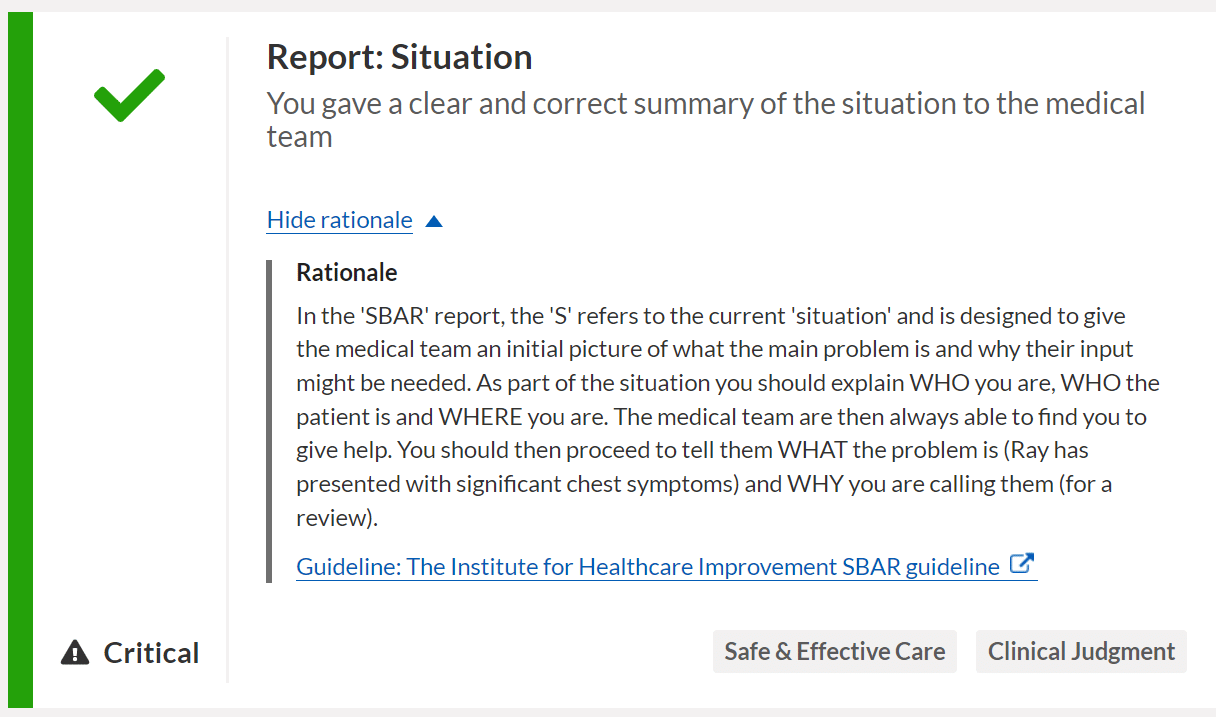 Feedback with rationale for SBAR