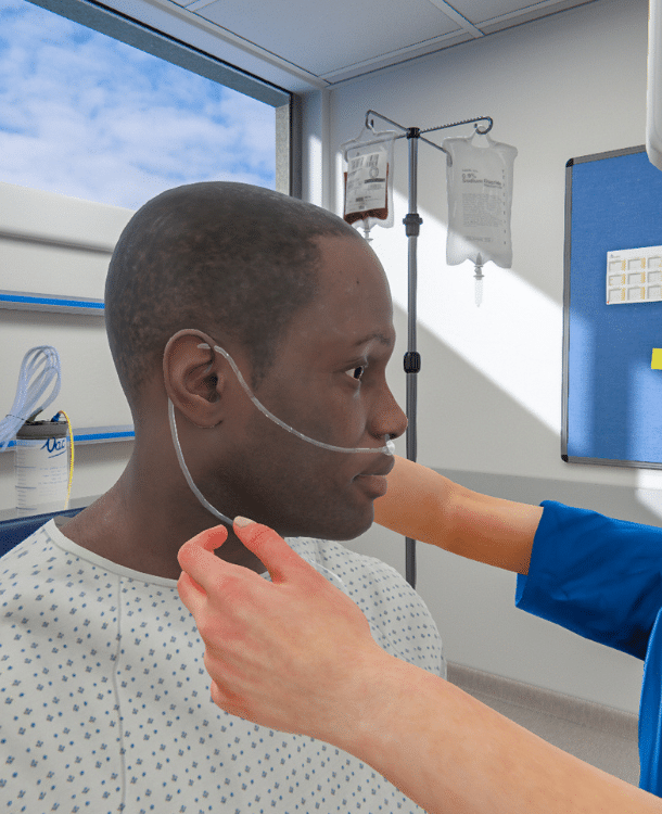Virtual nurse applying nasal cannula to virtual patient